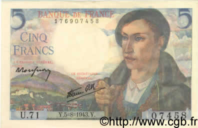 5 Francs BERGER FRANCE 1943 F.05.03 SPL