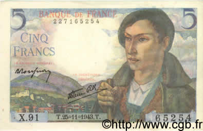 5 Francs BERGER FRANCE  1943 F.05.04 pr.NEUF