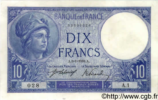 10 Francs MINERVE FRANCE  1916 F.06.01A1 pr.NEUF