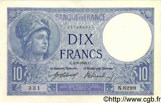 10 Francs MINERVE FRANCE  1918 F.06.03 pr.SPL