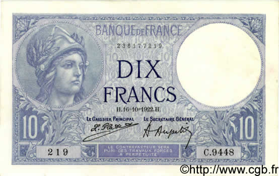 10 Francs MINERVE FRANCE  1922 F.06.06 SPL