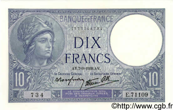 10 Francs MINERVE modifié FRANCE  1939 F.07.06 NEUF
