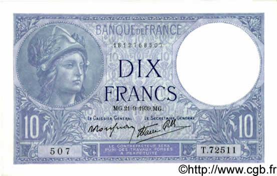 10 Francs MINERVE modifié FRANCE  1939 F.07.08 NEUF