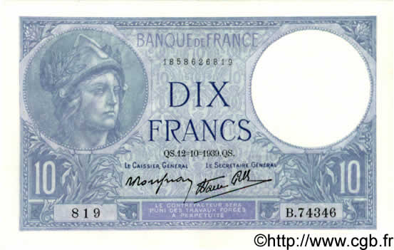 10 Francs MINERVE modifié FRANCE  1939 F.07.11 SPL