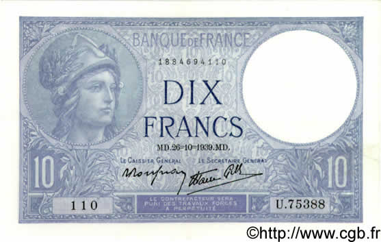 10 Francs MINERVE modifié FRANCE  1939 F.07.13 pr.SPL