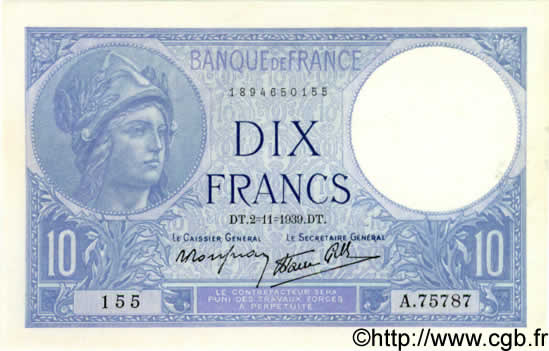 10 Francs MINERVE modifié FRANCE  1939 F.07.14 SUP+