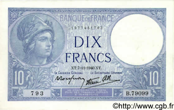10 Francs MINERVE modifié FRANCE  1940 F.07.19 SUP