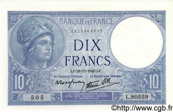 10 Francs MINERVE modifié FRANCE  1940 F.07.22 SPL+
