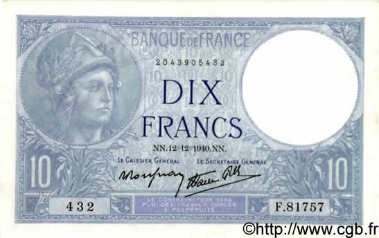 10 Francs MINERVE modifié FRANCE  1940 F.07.24 pr.NEUF