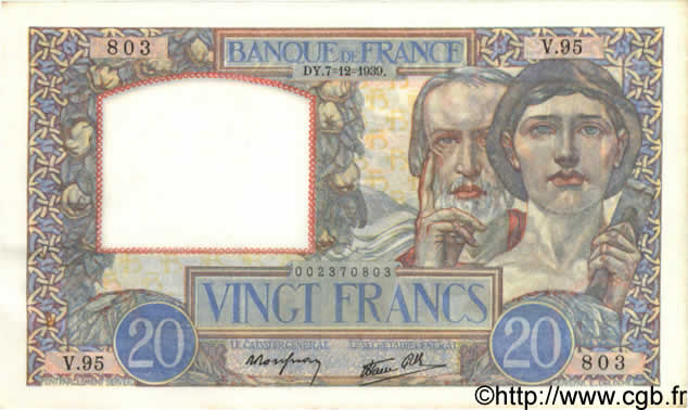 20 Francs TRAVAIL ET SCIENCE FRANCE  1939 F.12.01 pr.SPL