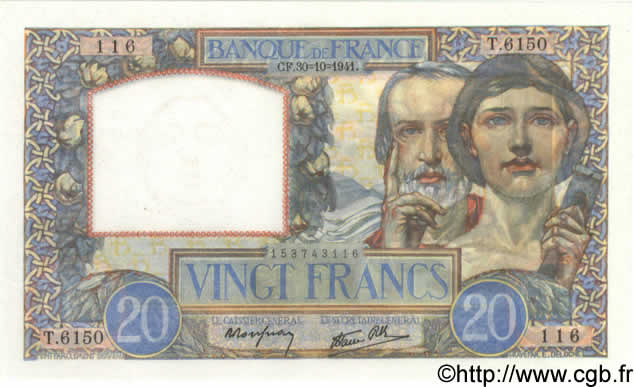 20 Francs TRAVAIL ET SCIENCE FRANCE  1941 F.12.19 NEUF