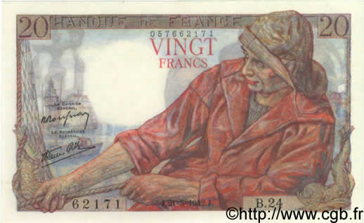 20 Francs PÊCHEUR FRANCE  1942 F.13.02 SPL
