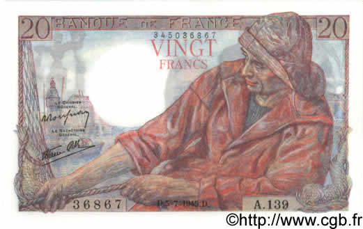 20 Francs PÊCHEUR FRANCE  1945 F.13.10 NEUF