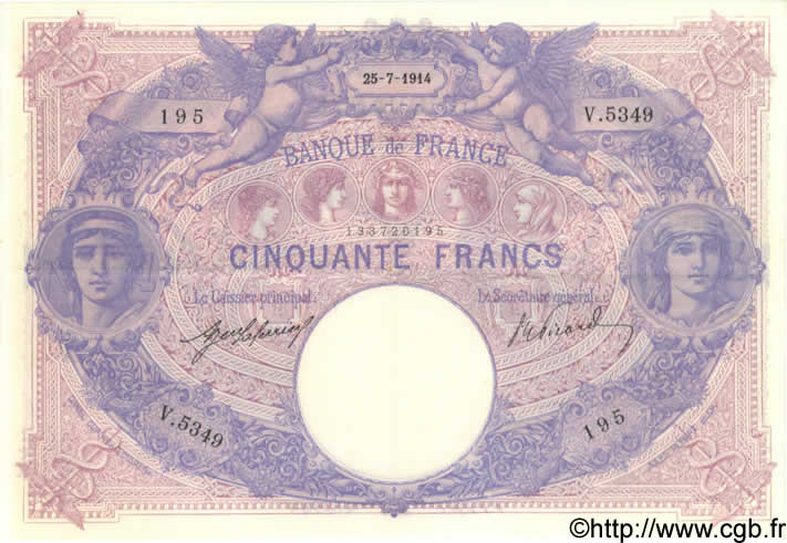 50 Francs BLEU ET ROSE FRANCE  1914 F.14.27 SUP
