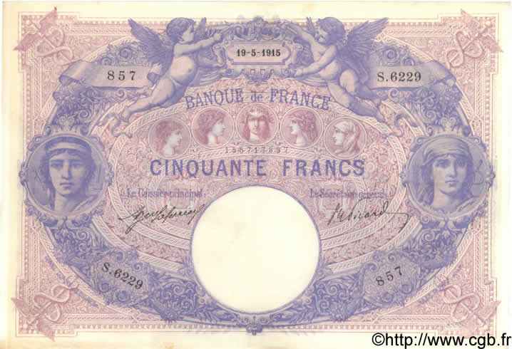 50 Francs BLEU ET ROSE FRANCE  1915 F.14.28 SUP+