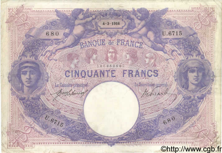 50 Francs BLEU ET ROSE FRANCE  1916 F.14.29 TTB