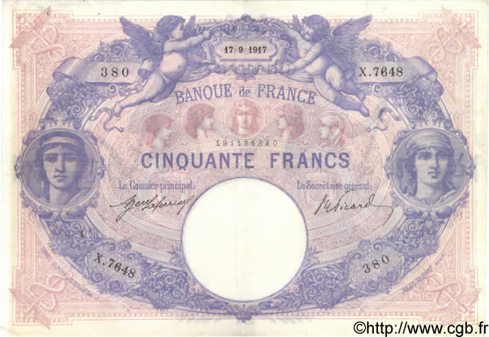 50 Francs BLEU ET ROSE FRANCE  1917 F.14.30 TTB