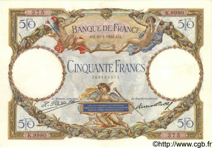 50 Francs LUC OLIVIER MERSON type modifié FRANCE  1932 F.16.03 pr.SPL