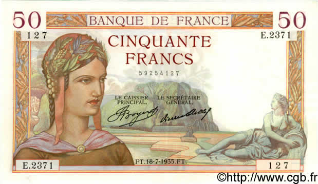 50 Francs CÉRÈS FRANCE  1935 F.17.13 pr.SPL
