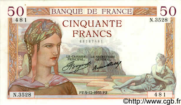 50 Francs CÉRÈS FRANCE  1935 F.17.20 TTB+ à SUP