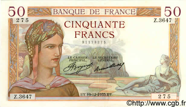 50 Francs CÉRÈS FRANCE  1935 F.17.21 SUP+ à SPL