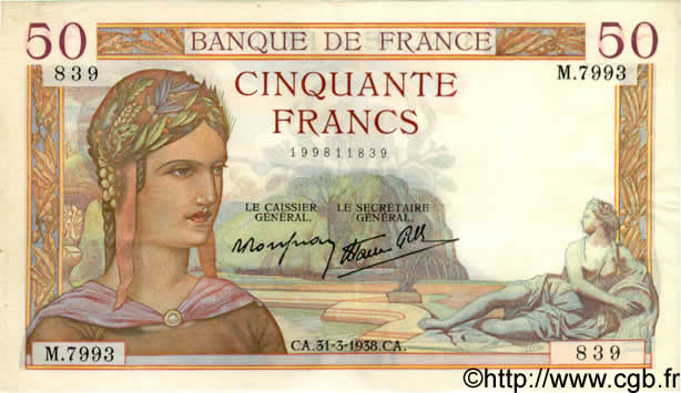 50 Francs CÉRÈS modifié FRANCE  1938 F.18.11 SUP