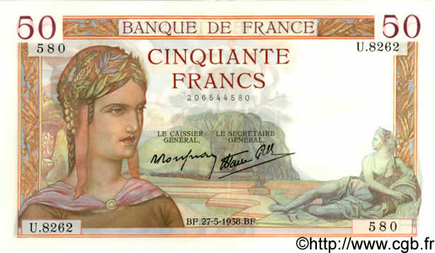 50 Francs CÉRÈS modifié FRANCE  1938 F.18.13 pr.SPL