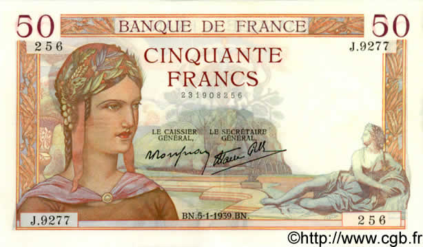 50 Francs CÉRÈS modifié FRANCE  1939 F.18.19 SUP+