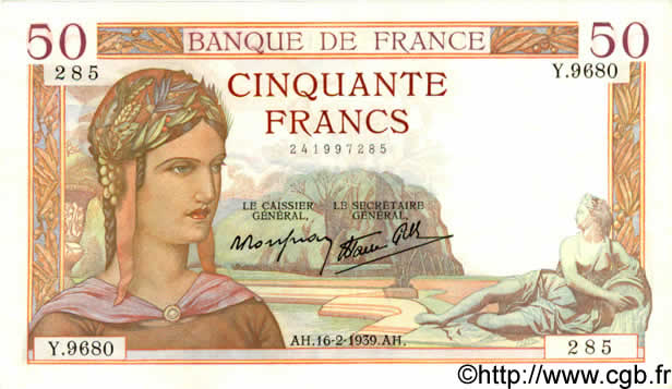 50 Francs CÉRÈS modifié FRANCE  1939 F.18.22 SUP