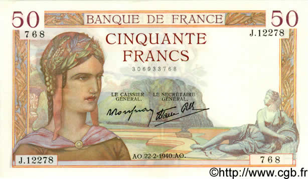 50 Francs CÉRÈS modifié FRANCE  1940 F.18.39 SPL