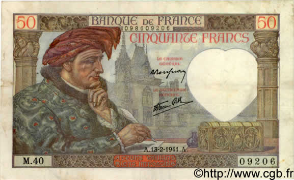 50 Francs JACQUES CŒUR FRANCE  1941 F.19.06 TB+