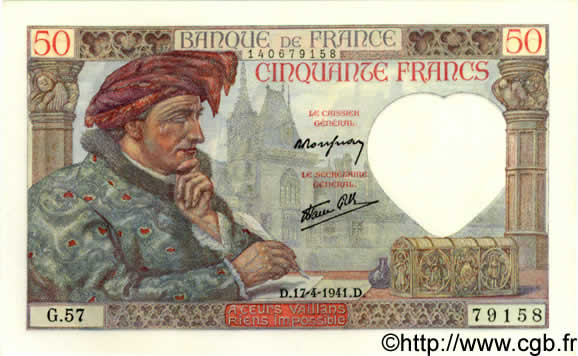50 Francs JACQUES CŒUR FRANCE  1941 F.19.08 NEUF