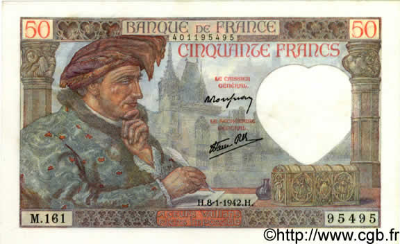 50 Francs JACQUES CŒUR FRANCE  1942 F.19.18 SUP