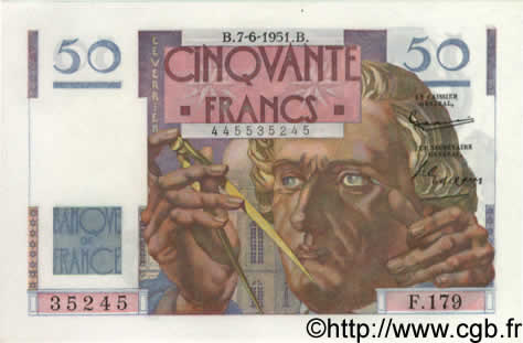 50 Francs LE VERRIER FRANCE  1951 F.20.18 SPL+