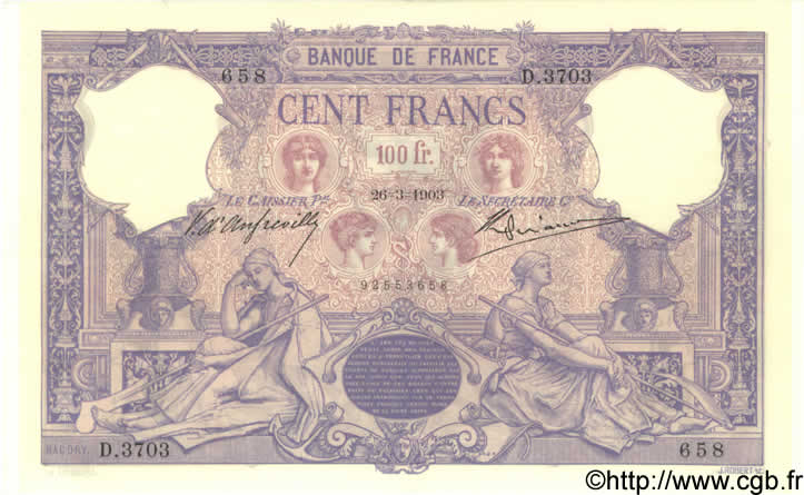 100 Francs BLEU ET ROSE FRANCE  1903 F.21.17 SUP+