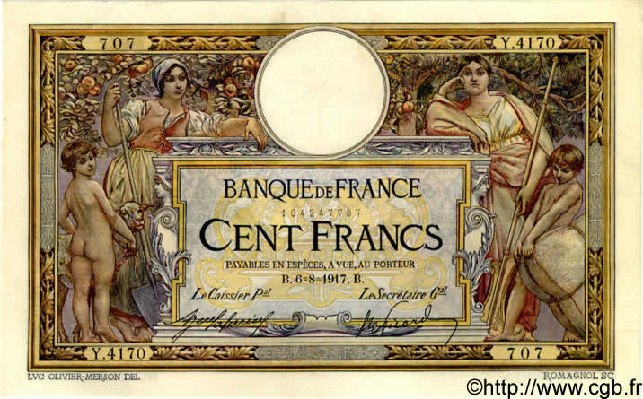 100 Francs LUC OLIVIER MERSON sans LOM FRANCE  1917 F.23.09 SUP