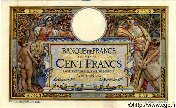 100 Francs LUC OLIVIER MERSON sans LOM FRANCE  1921 F.23.14 TTB+