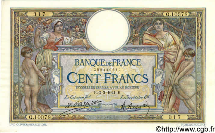100 Francs LUC OLIVIER MERSON grands cartouches FRANCE  1924 F.24.02 pr.SPL