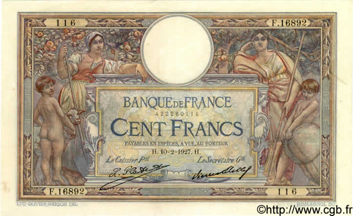 100 Francs LUC OLIVIER MERSON grands cartouches FRANCE  1927 F.24.06 SUP+