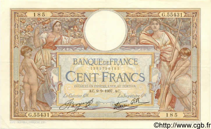 100 Francs LUC OLIVIER MERSON type modifié FRANCE  septembre1937 F.25.01 TTB+