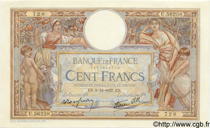 100 Francs LUC OLIVIER MERSON type modifié FRANCE  1937 F.25.05 pr.SPL