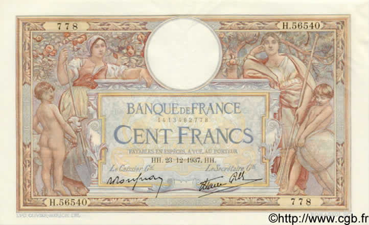 100 Francs LUC OLIVIER MERSON type modifié FRANCE  1937 F.25.06 SPL