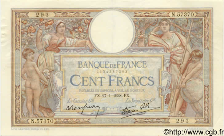 100 Francs LUC OLIVIER MERSON type modifié FRANCE  1938 F.25.09 SUP