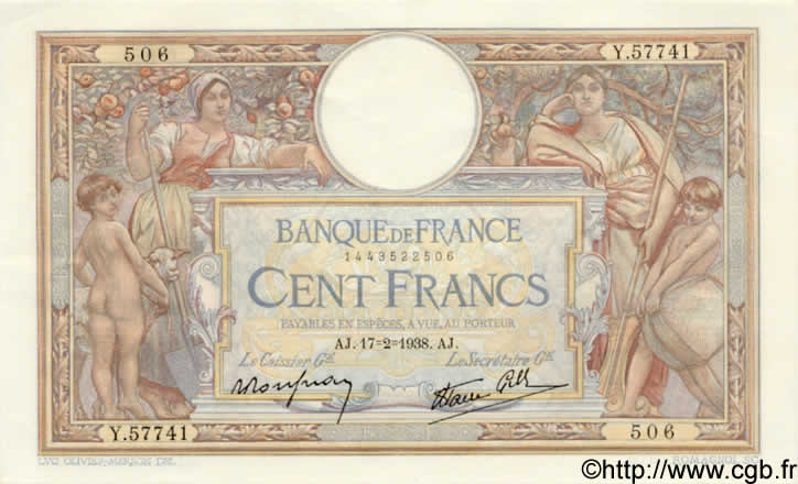 100 Francs LUC OLIVIER MERSON type modifié FRANCE  1938 F.25.11 pr.SPL