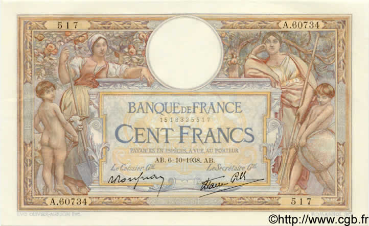 100 Francs LUC OLIVIER MERSON type modifié FRANCE  1938 F.25.30 pr.SPL