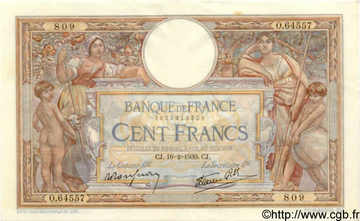 100 Francs LUC OLIVIER MERSON type modifié FRANCE  1939 F.25.43 SPL