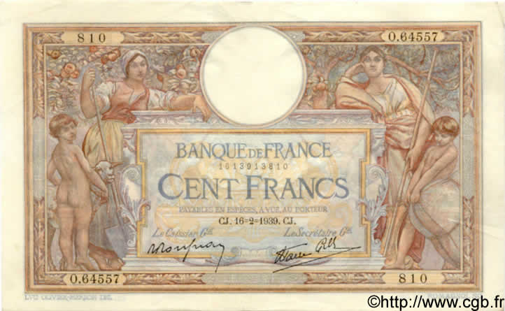 100 Francs LUC OLIVIER MERSON type modifié FRANCE  1939 F.25.43 SUP+