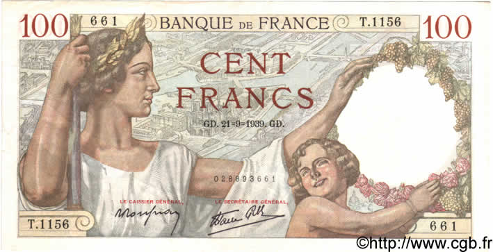 100 Francs SULLY FRANCE  1939 F.26.07 SUP