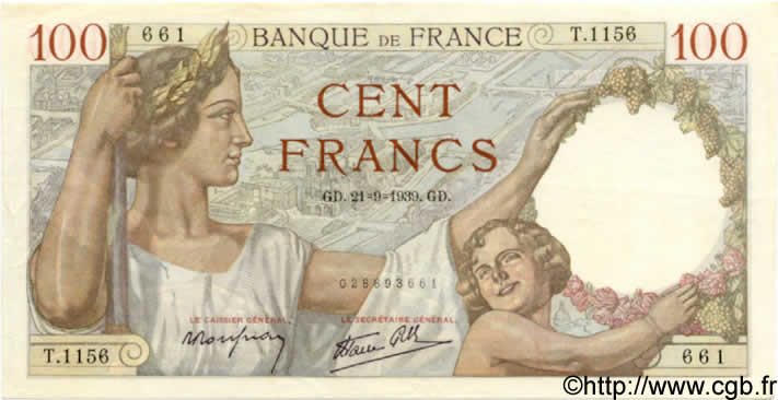 100 Francs SULLY FRANCE  1939 F.26.07 SPL