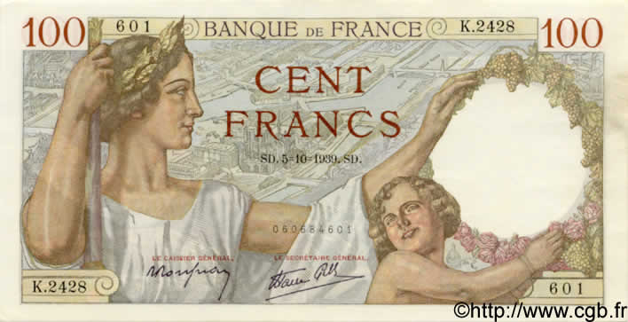 100 Francs SULLY FRANCE  1939 F.26.09 SPL